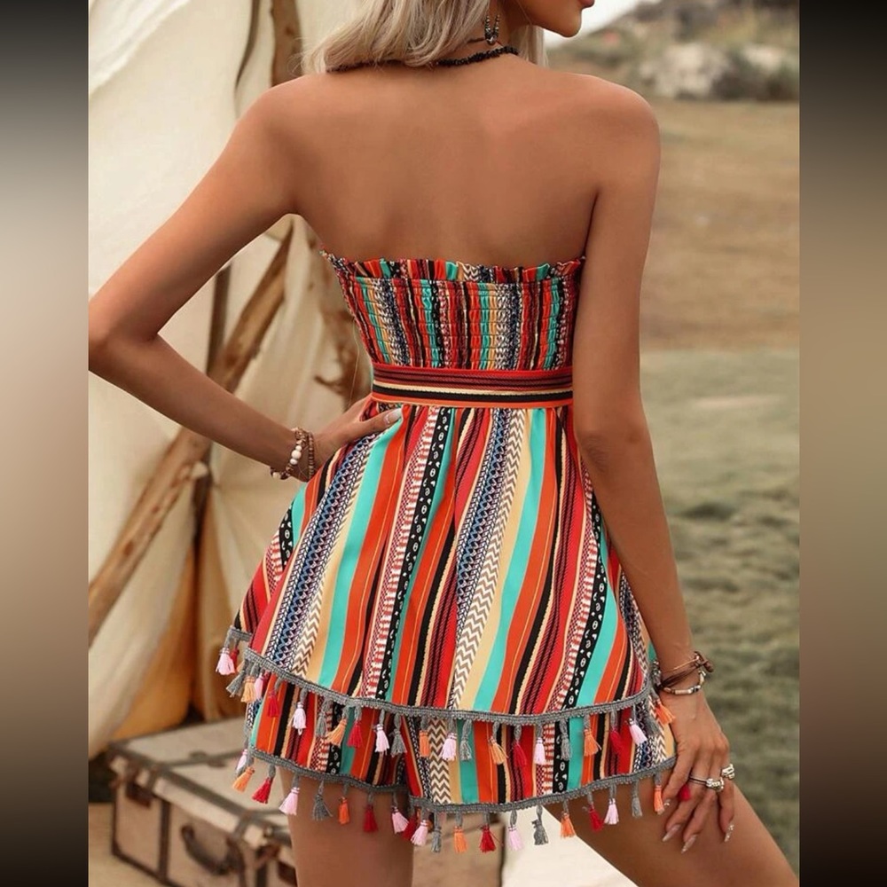 Boho Cottagecore Stripes Print Tassel Belt Tube Top Romper - Picture 2 of 6